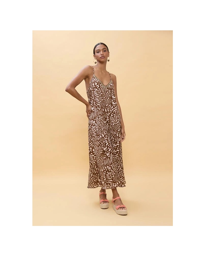 Lola Casademunt Long dress stain print brown/ecru