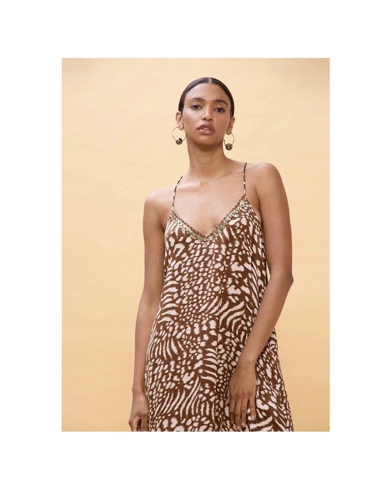 Lola Casademunt Long dress stain print brown/ecru