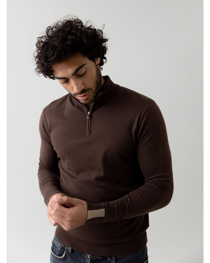 Mos Mosh Gallery Adam soft zip turtle neck knit chocolate brown