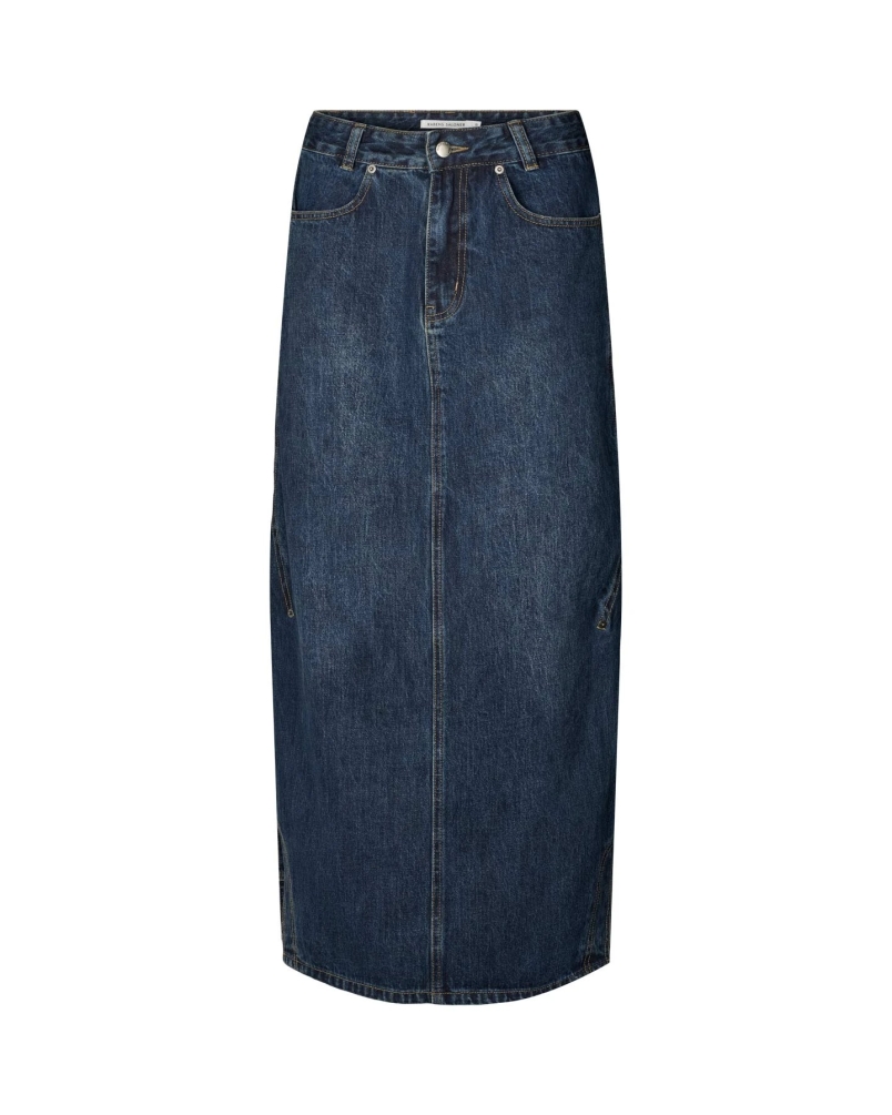 JOELLA PATHWORK DENIM SKIRT dark washed indigo