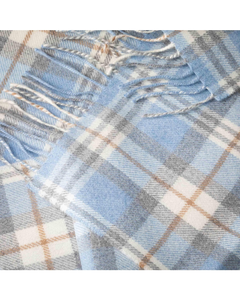 John Hanly Merino luxury wool scarf baby blue/cream check