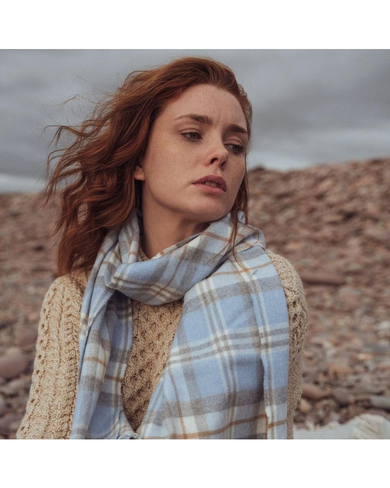 John Hanly Merino luxury wool scarf baby blue/cream check