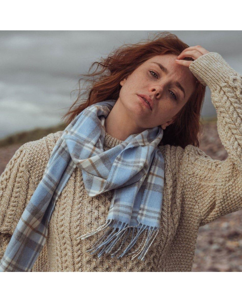 John Hanly Merino luxury wool scarf baby blue/cream check