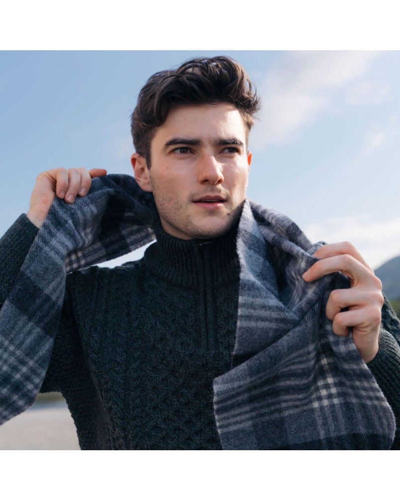 John Hanly Irish wool scarf grey/charcoal/silver block check