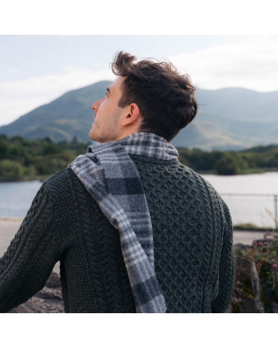 John Hanly Irish wool scarf grey/charcoal/silver block check