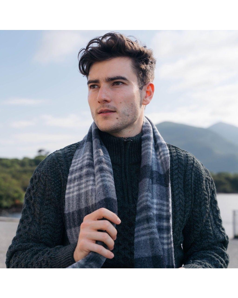 John Hanly Irish wool scarf grey/charcoal/silver block check