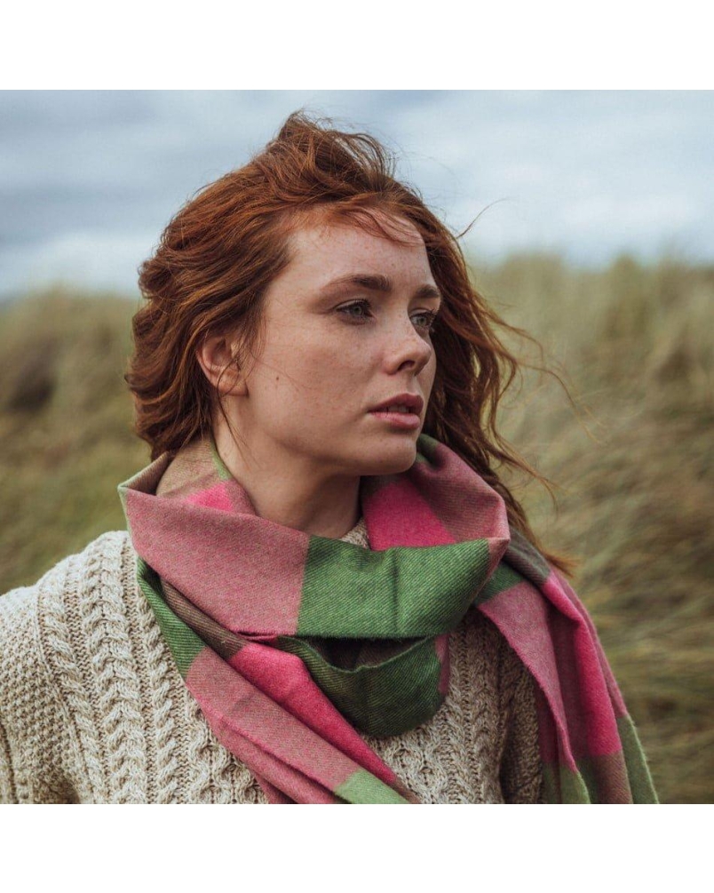 John Hanly Merino luxury wool scarf pink/green block