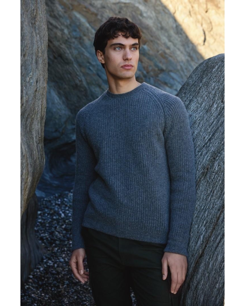 Fisherman Ribbed Lambswool Crew Neck Sweater stormy sea