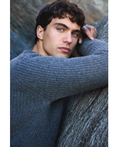 Fisherman Ribbed Lambswool Crew Neck Sweater stormy sea