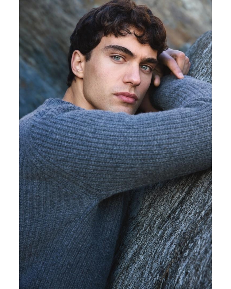Fisherman Ribbed Lambswool Crew Neck Sweater stormy sea
