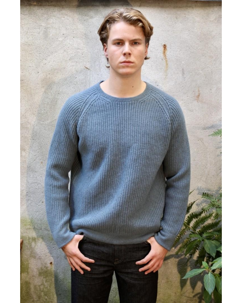 Fisherman Ribbed Lambswool Crew Neck Sweater stormy sea