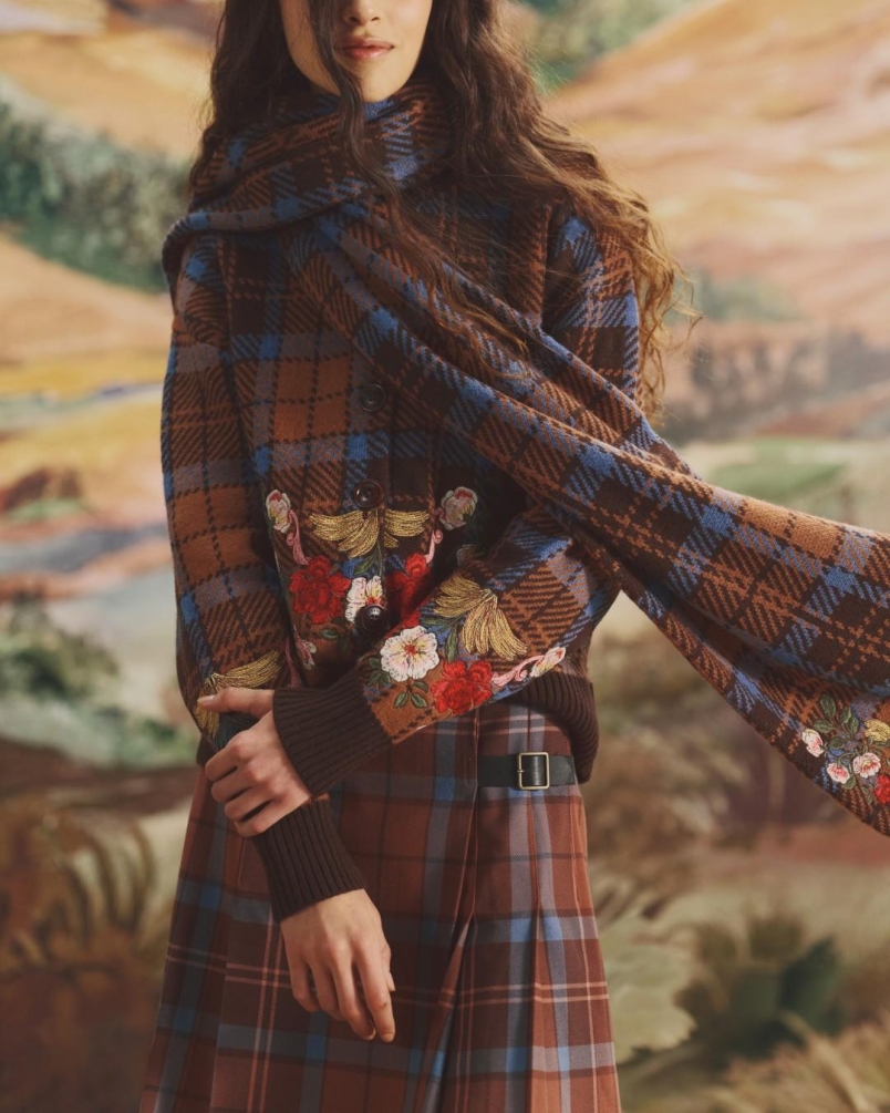 Barbour x Farm Rio Angelonia knitted scarf tropical tea tartan
