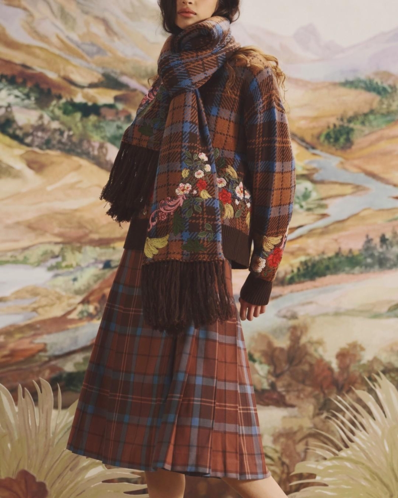 Barbour x Farm Rio Angelonia knitted scarf tropical tea tartan
