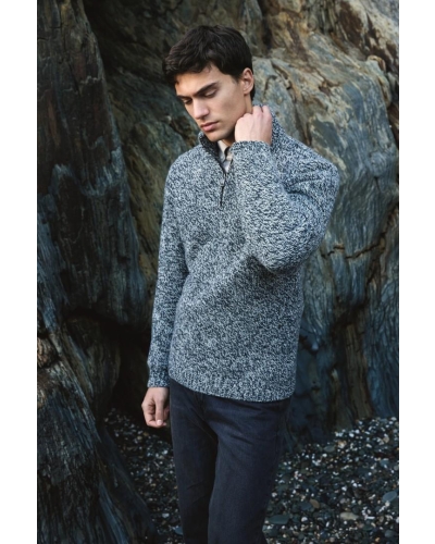 Fisherman Cashmere marled zip neck sweater marine grey