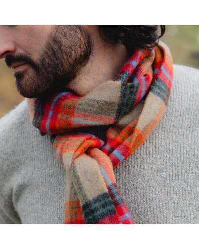 John Hanly Irish wool scarf beige/orange/red charcoal plaid