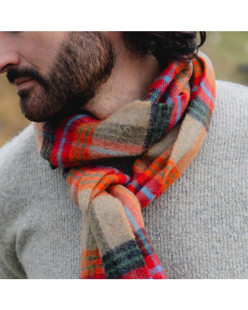 John Hanly Irish wool scarf beige/orange/red charcoal plaid