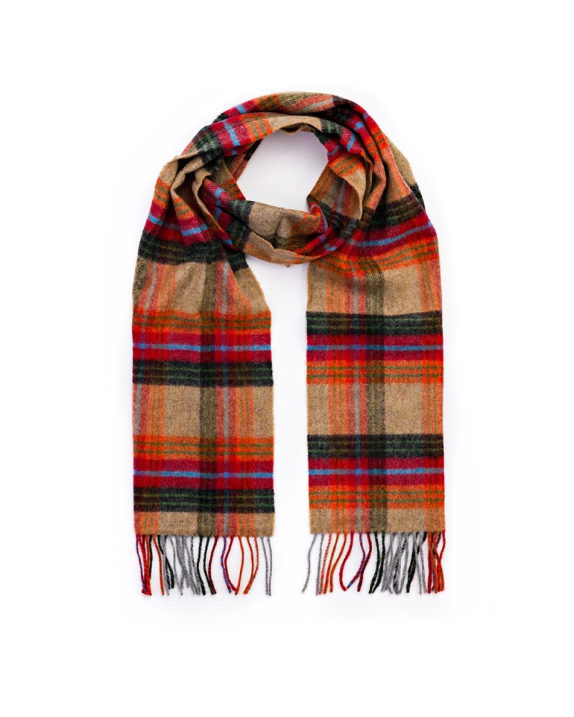 John Hanly Irish wool scarf beige/orange/red charcoal plaid