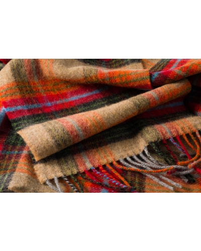 John Hanly Irish wool scarf beige/orange/red charcoal plaid
