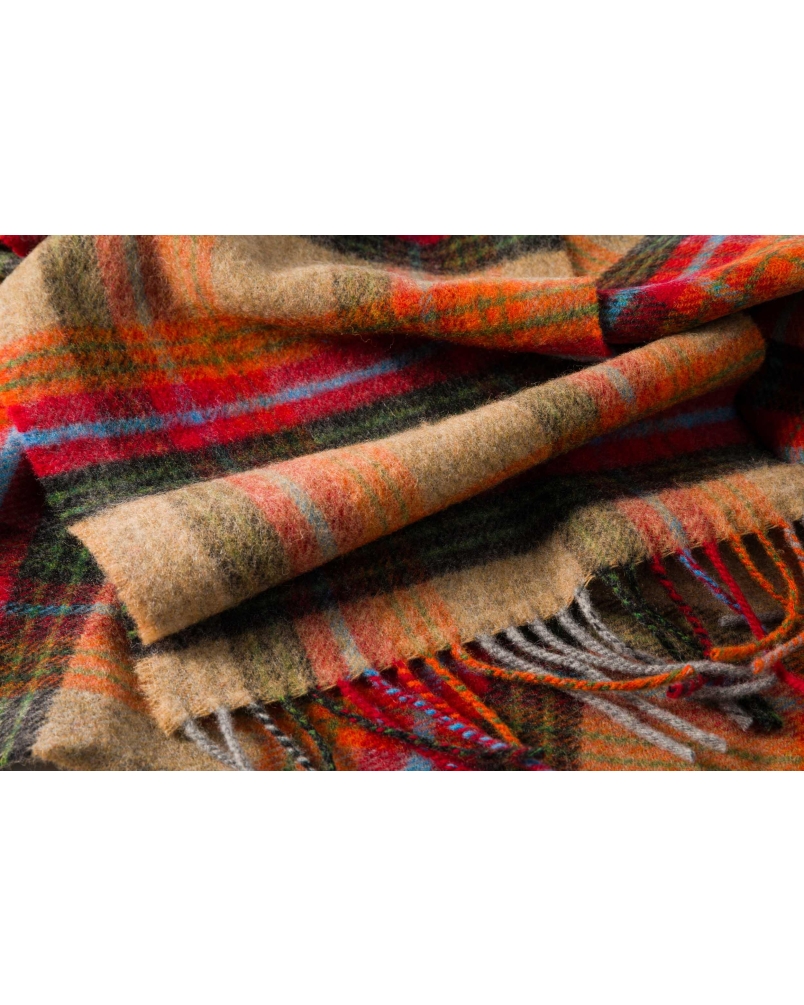John Hanly Irish wool scarf beige/orange/red charcoal plaid