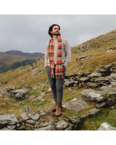 John Hanly Irish wool scarf beige/orange/red charcoal plaid