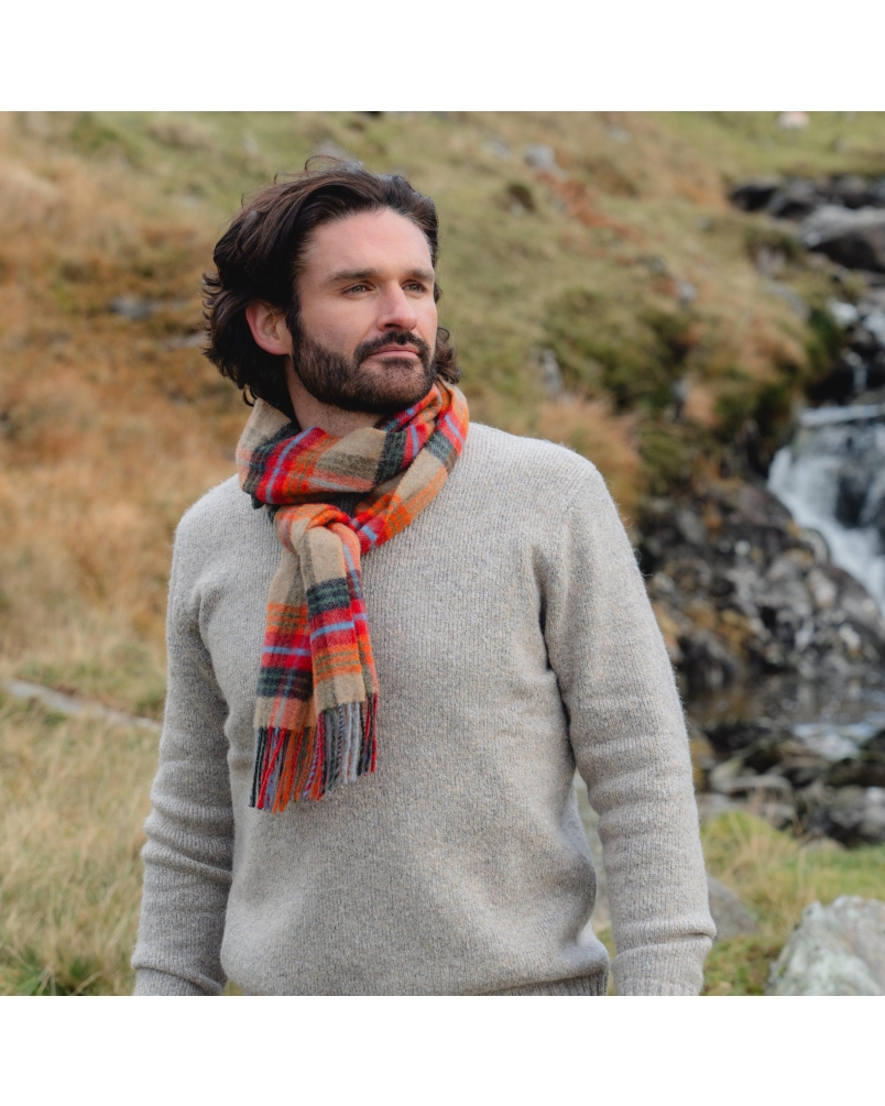 John Hanly Irish wool scarf beige/orange/red charcoal plaid