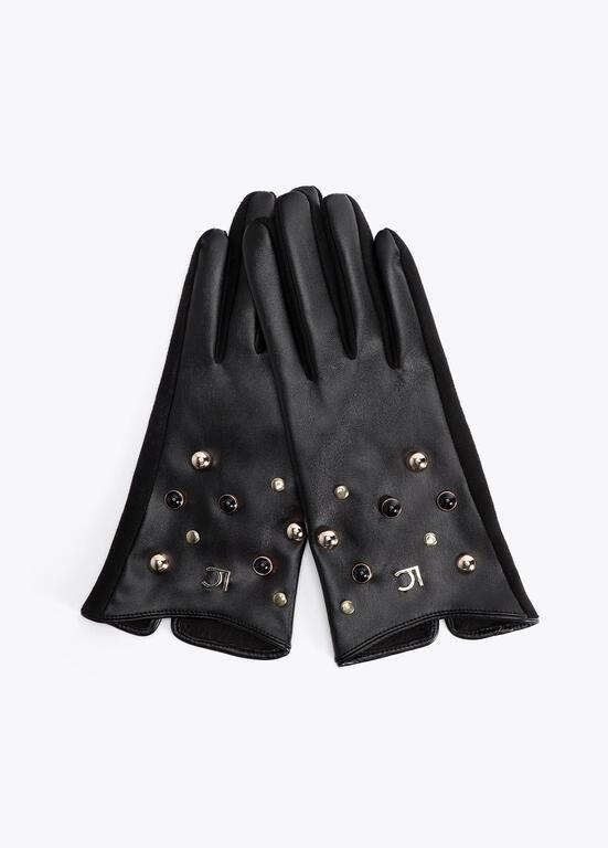 Lola Casademunt Faux leather gloves with studs and crystals black/metal