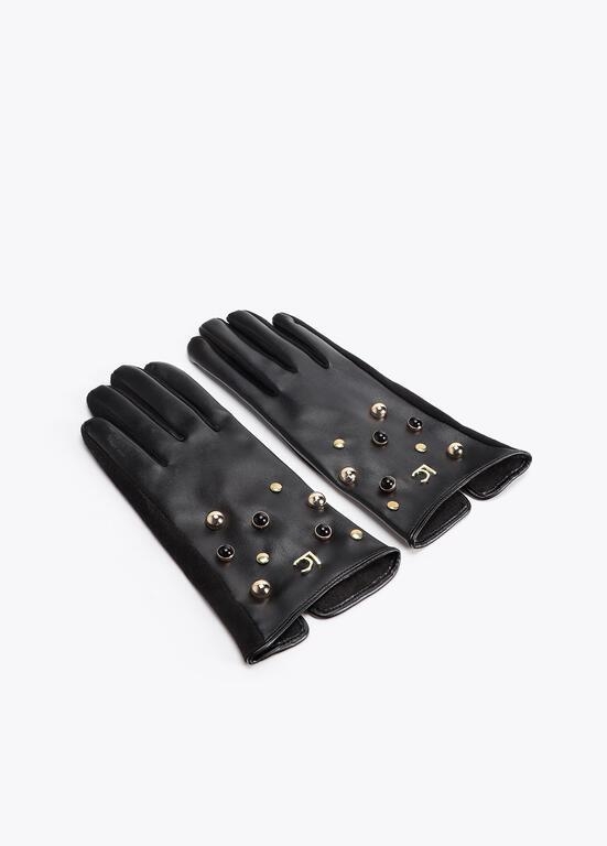 Lola Casademunt Faux leather gloves with studs and crystals black/metal