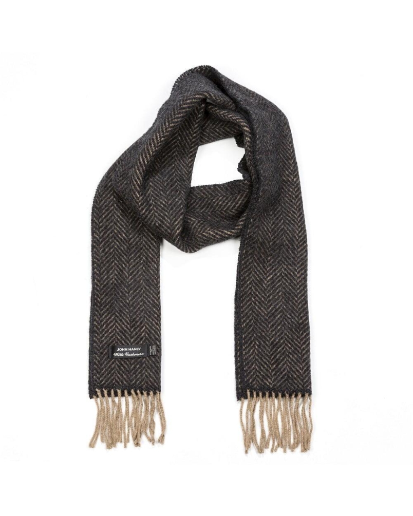 John Hanly Irish cashmere merino wool scarf silver/denim/charcoal daimond check