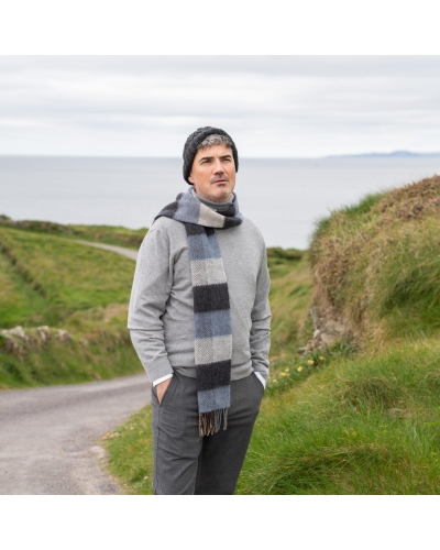 John Hanly Irish cashmere merino wool scarf silver/denim/charcoal daimond check