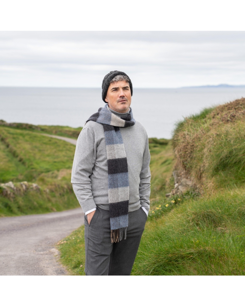 John Hanly Irish cashmere merino wool scarf silver/denim/charcoal daimond check