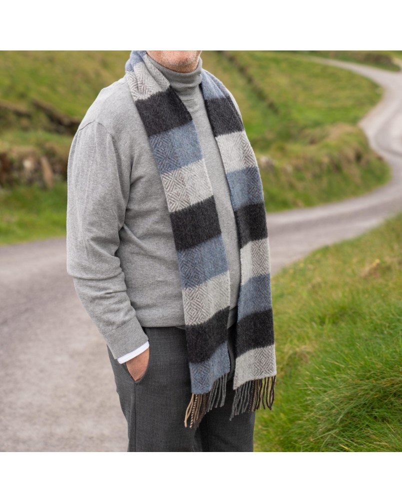John Hanly Irish cashmere merino wool scarf silver/denim/charcoal daimond check